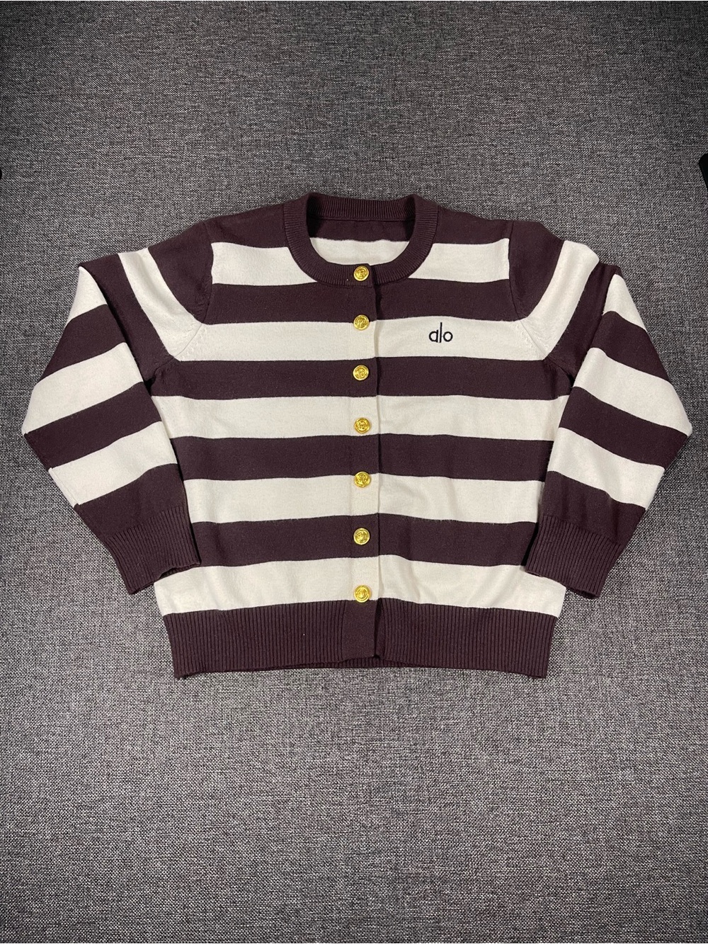 Alo Striped Button-Up Cardigan Sweater in Brown and Cream
